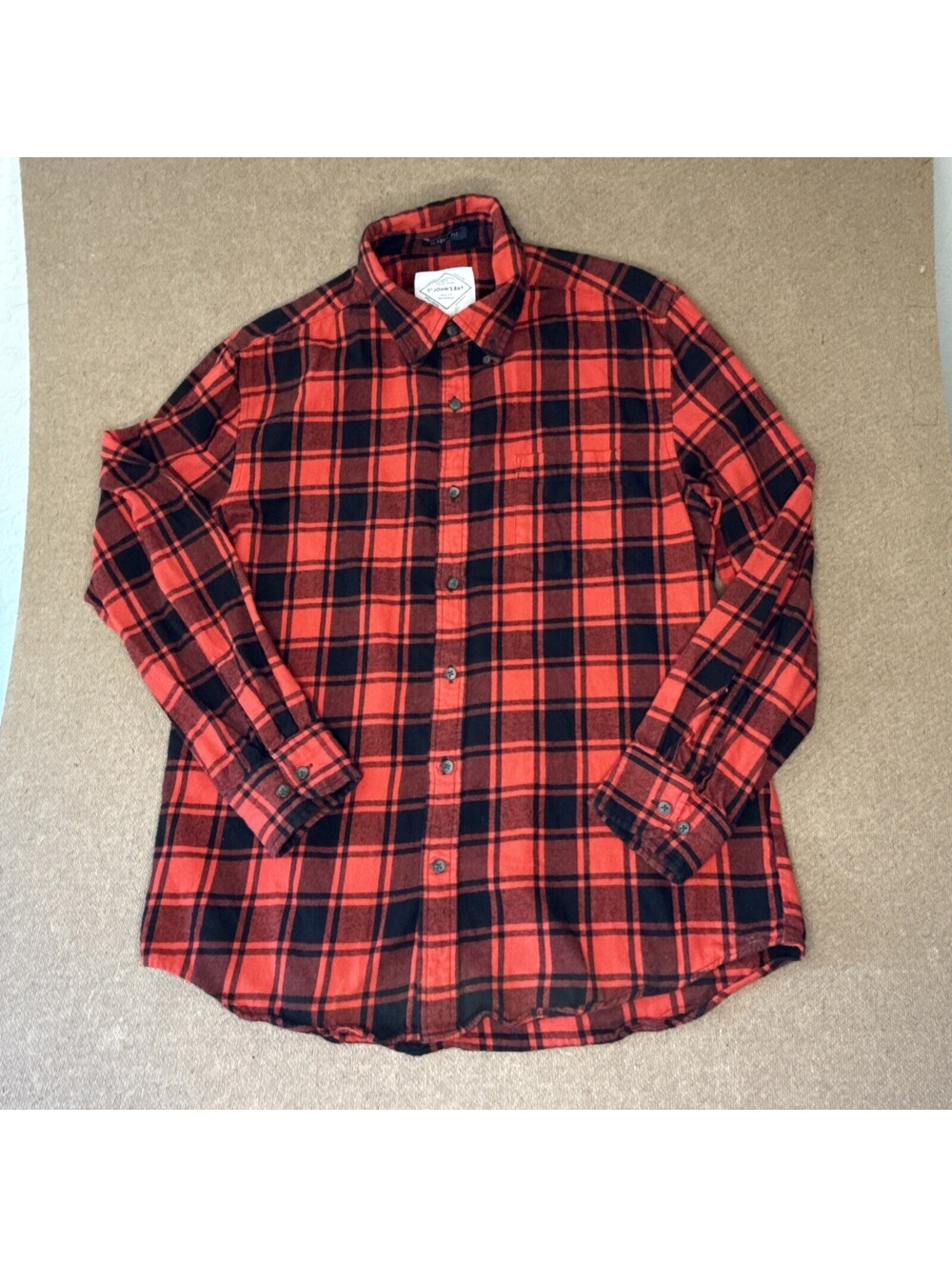 ST. JOHN’S BAY Women’s Classic Shirt Medium Red/Black Plaid Long Sleeve Cotton